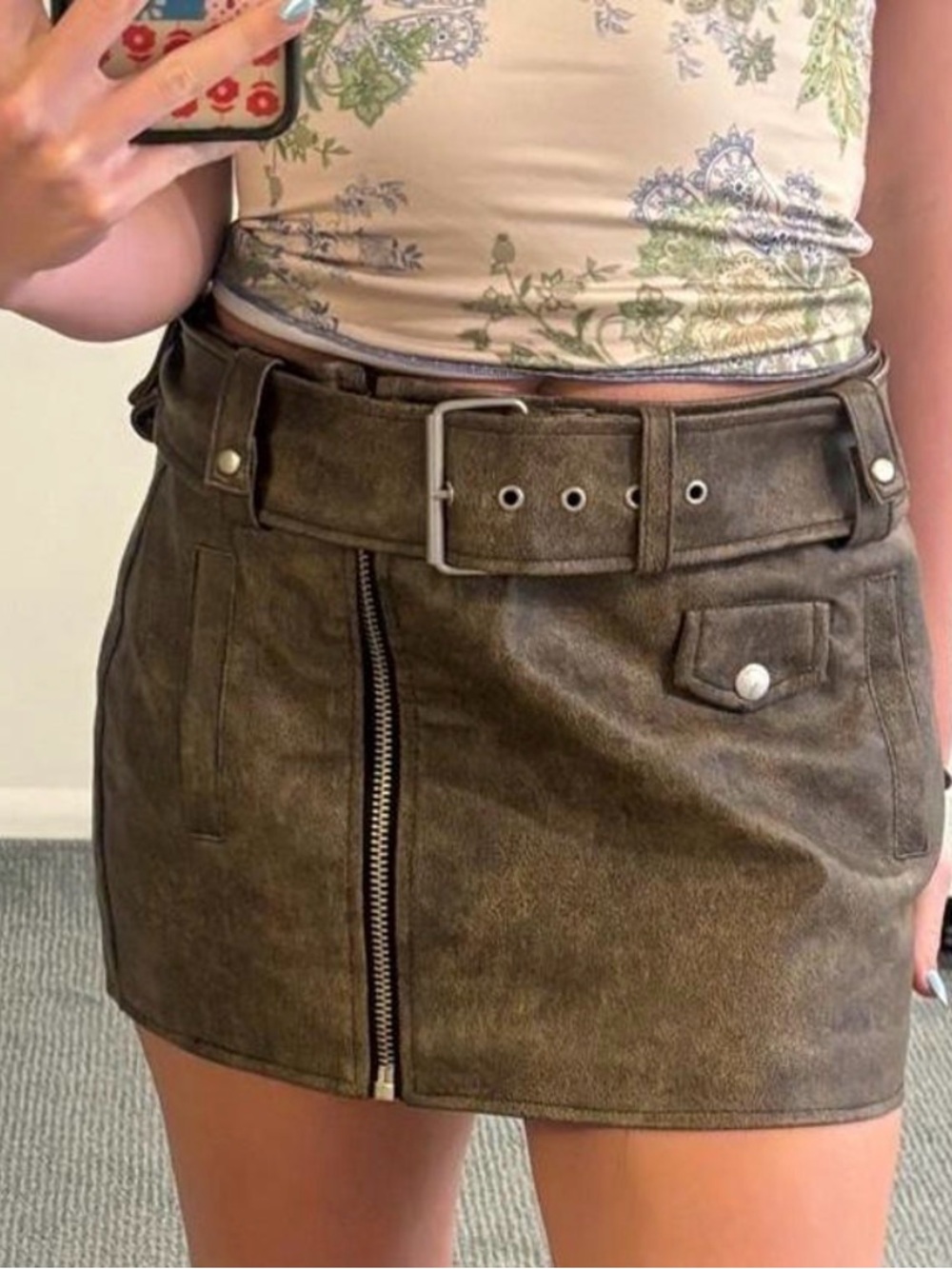 Blank NYC Brown Leather-Look Mini Skirt with Belt size 27, NWOT